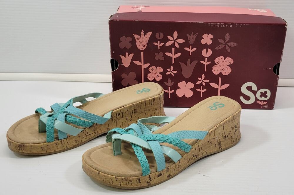 *E) Kohl's Sophionablue Turquoise Blue Women Wedge Slip On Sandals 8 Medium